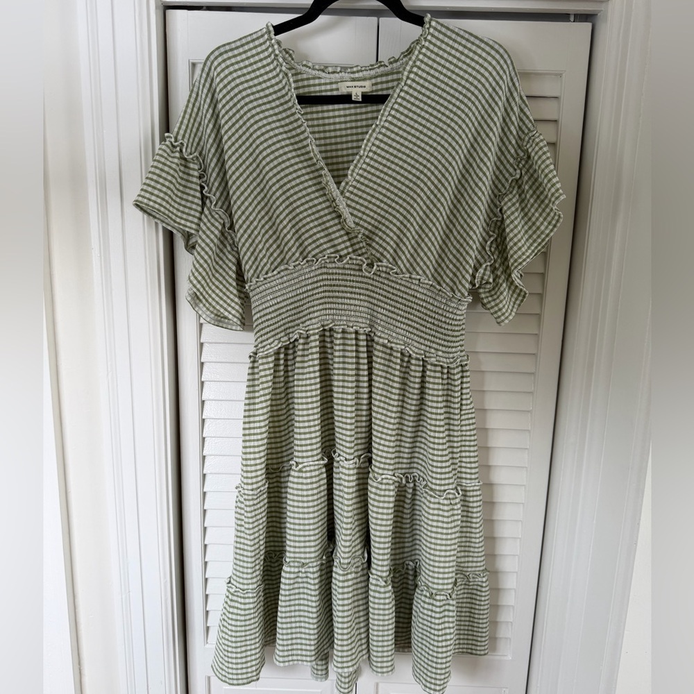 Max Studio Green Gingham Midi Dress
